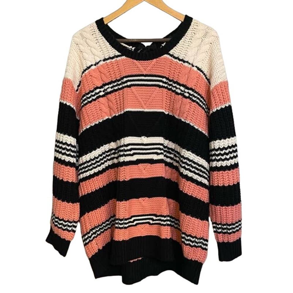 Torrid Sweater Cable Knit Pullover Tie Back‎ Striped Long Sleeve Crew Neck Sz 2